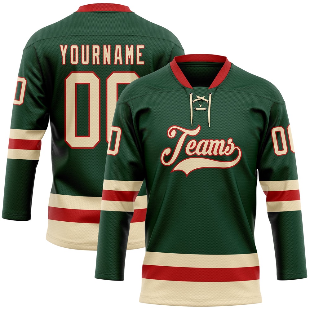Custom Green Cream Red Hockey Lace Neck Jersey, New Hockey Jersey, Personali Sport Team Jersey Shirt Custom Green Cream Red Hockey Lace Neck Jersey, New Hockey Jersey, Personali Sport Team Jersey Shirt