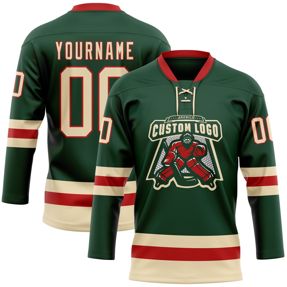 Custom Green Cream Red Hockey Lace Neck Jersey, New Hockey Jersey, Personali Sport Team Jersey Shirt Custom Green Cream Red Hockey Lace Neck Jersey, New Hockey Jersey, Personali Sport Team Jersey Shirt