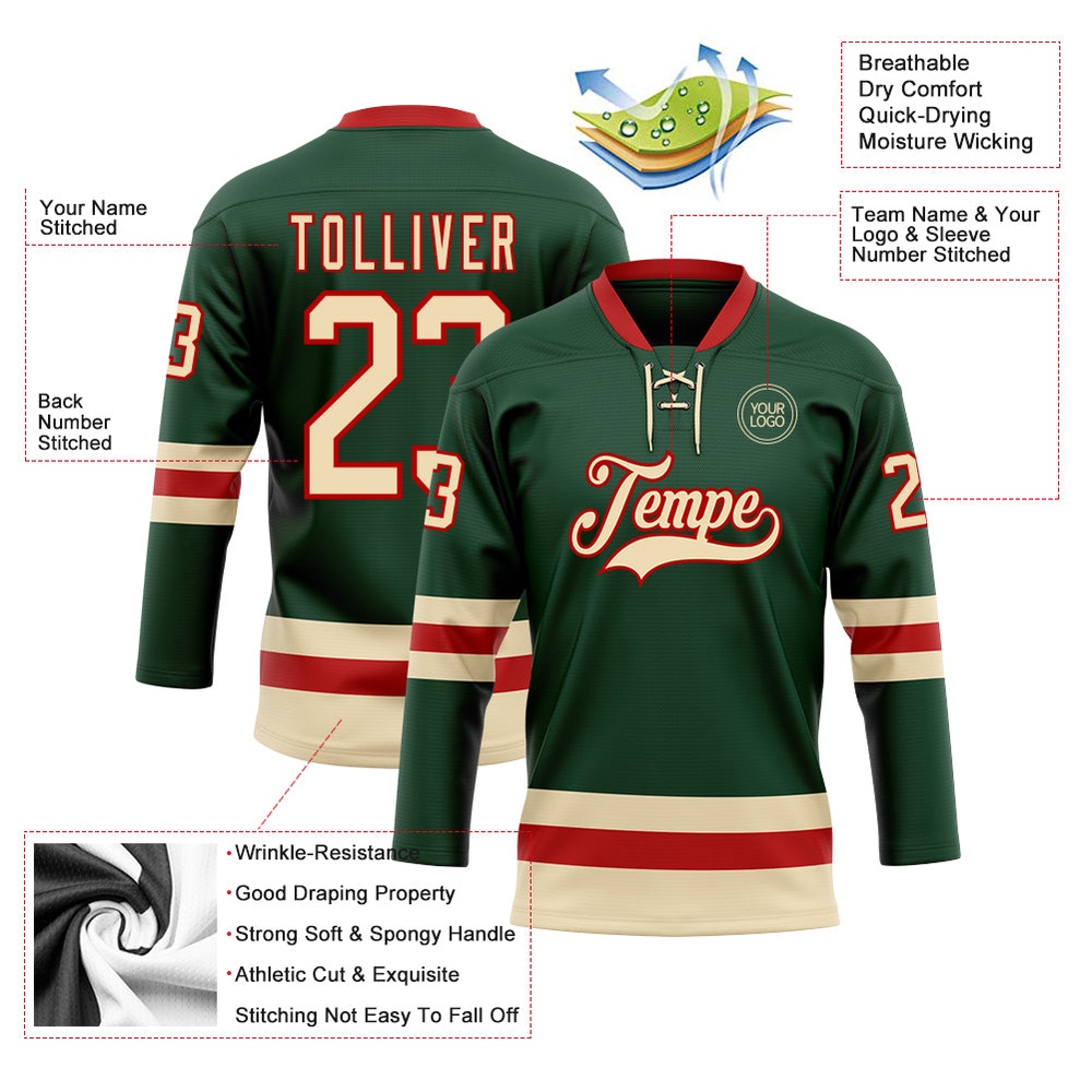 Custom Green Cream Red Hockey Lace Neck Jersey, New Hockey Jersey, Personali Sport Team Jersey Shirt Custom Green Cream Red Hockey Lace Neck Jersey, New Hockey Jersey, Personali Sport Team Jersey Shirt
