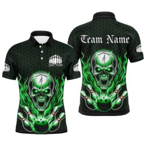 Custom Green Flame Bowling Polo Shirts For…