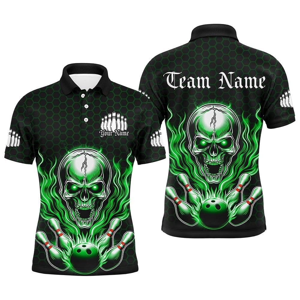 Custom Green Flame Bowling Polo Shirts For Men, Halloween Skull Bowling Shirt Bowling Outfit, Personalized Bowling Team Shirt Custom Green Flame Bowling Polo Shirts For Men, Halloween Skull Bowling Shirt Bowling Outfit, Personalized Bowling Team Shirt