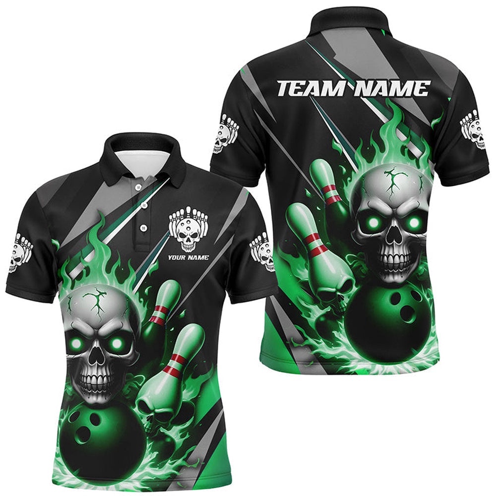 Custom Green Flame Bowling Team Shirts, Halloween Skull Bowling Polo Shirt For Men, Personalized Bowling Team Shirt Custom Green Flame Bowling Team Shirts, Halloween Skull Bowling Polo Shirt For Men, Personalized Bowling Team Shirt