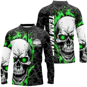 Custom Green Flame Skull Bowling Shirts For&hellip;