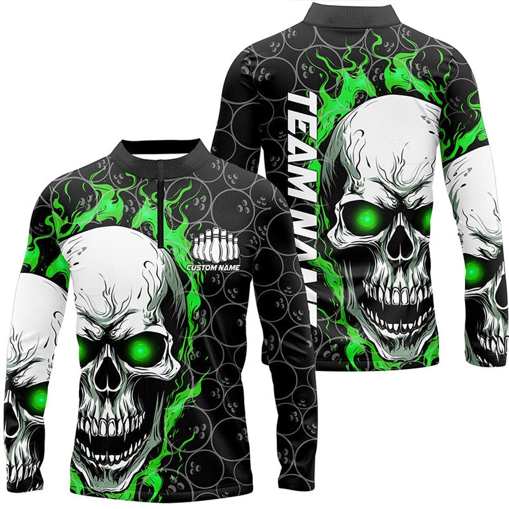 Custom Green Flame Skull Bowling Shirts For Men, Bowling Team Long Sleeve Bowling Shirts, Personalized Bowling Team Shirt Custom Green Flame Skull Bowling Shirts For Men, Bowling Team Long Sleeve Bowling Shirts, Personalized Bowling Team Shirt