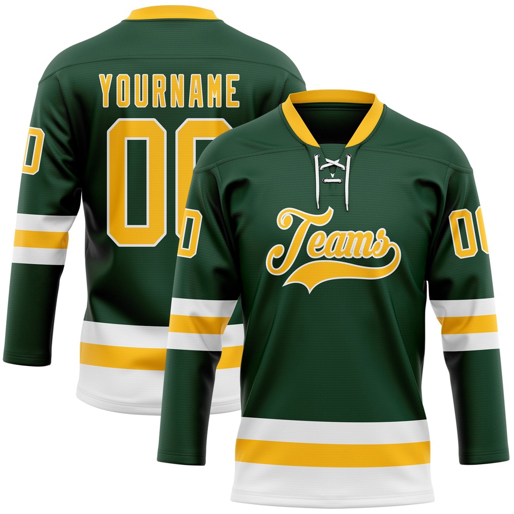 Custom Green Gold White Hockey Lace Neck Jersey, New Hockey Jersey, Personali Sport Team Jersey Shirt