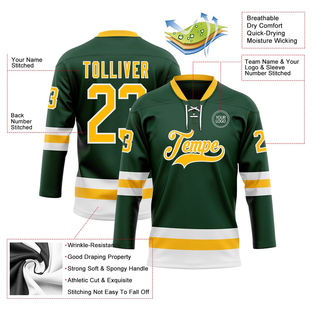 Custom Green Gold White Hockey Lace Neck Jersey, New Hockey Jersey, Personali Sport Team Jersey Shirt
