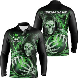 Custom Green Skull Bowling Long Sleeve Polo&hellip;