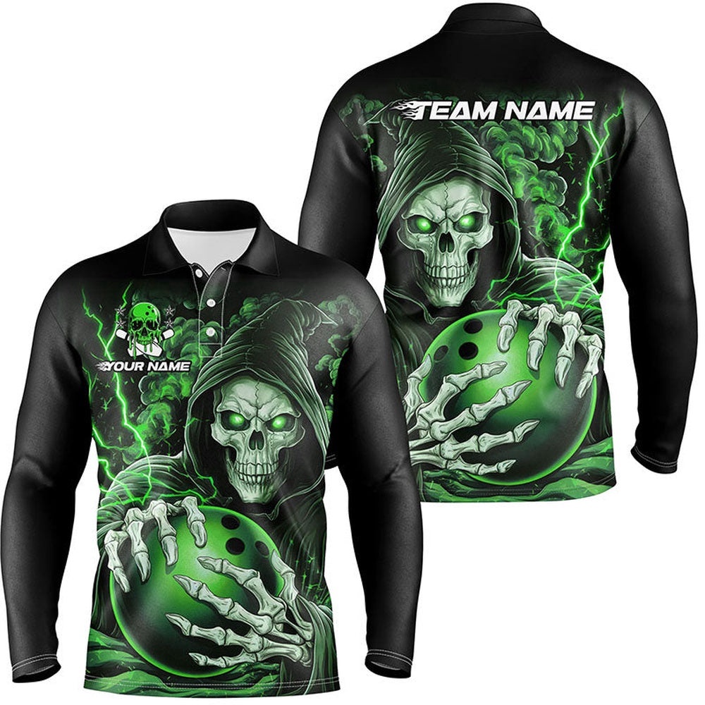 Custom Green Skull Bowling Long Sleeve Polo Shirts For Men, Halloween Bowling Team Shirts, Personalized Bowling Team Shirt
