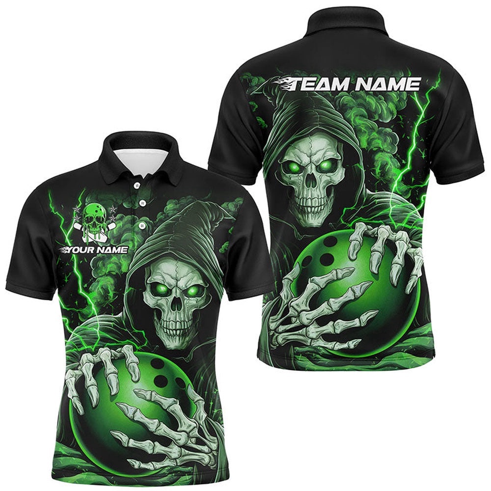Custom Green Skull Bowling Polo Shirts For Men, Halloween Bowling Team Shirts, Personalized Bowling Team Shirt Custom Green Skull Bowling Polo Shirts For Men, Halloween Bowling Team Shirts, Personalized Bowling Team Shirt