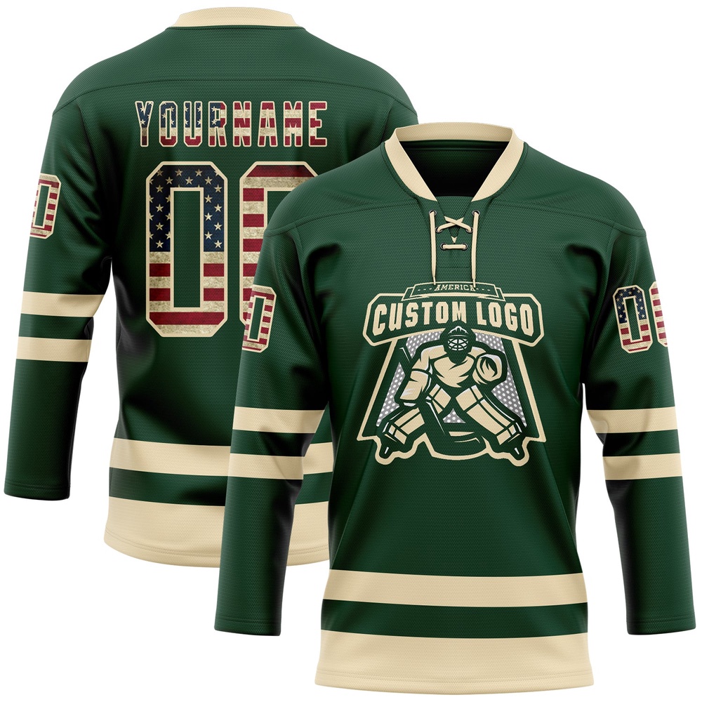 Custom Green Vintage USA Flag Cream Hockey Lace Neck Jersey, New Hockey Jersey, Personali Sport Team Jersey Shirt