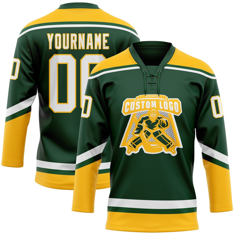 Custom Green White Gold Hockey Lace Neck Jersey, New Hockey Jersey, Personali Sport Team Jersey Shirt