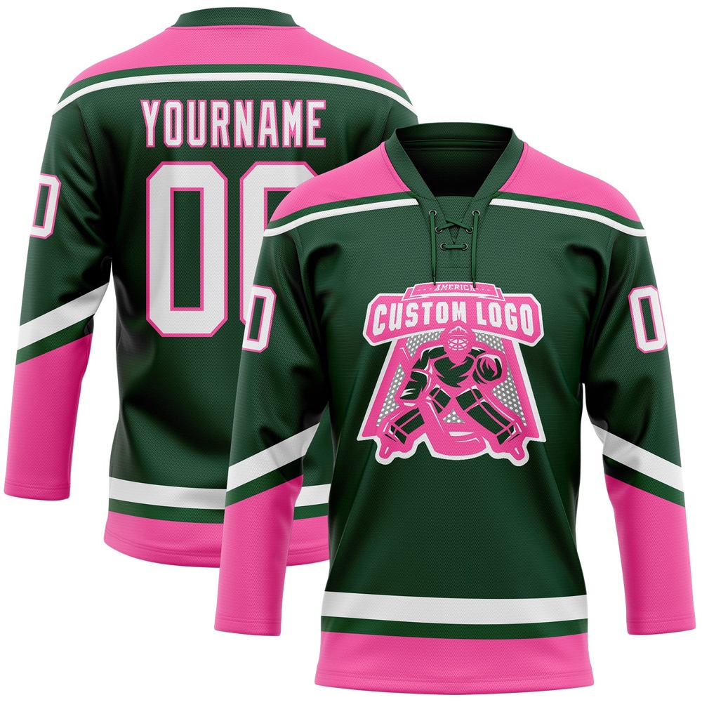 Custom Green White Pink Hockey Lace Neck Jersey, New Hockey Jersey, Personali Sport Team Jersey Shirt