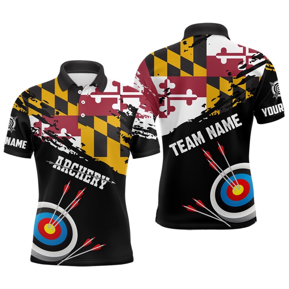 Custom Grunge Maryland Flag Archery Shirts For Men, Patriotic Archery Jersey Target Shirts, Custom Archery Team Polo Shirt