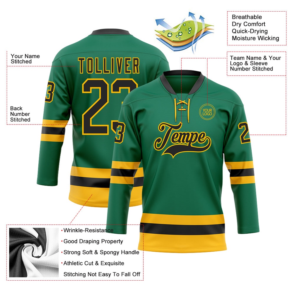 Custom Kelly Green Black Gold Hockey Lace Neck Jersey, New Hockey Jersey, Personali Sport Team Jersey Shirt