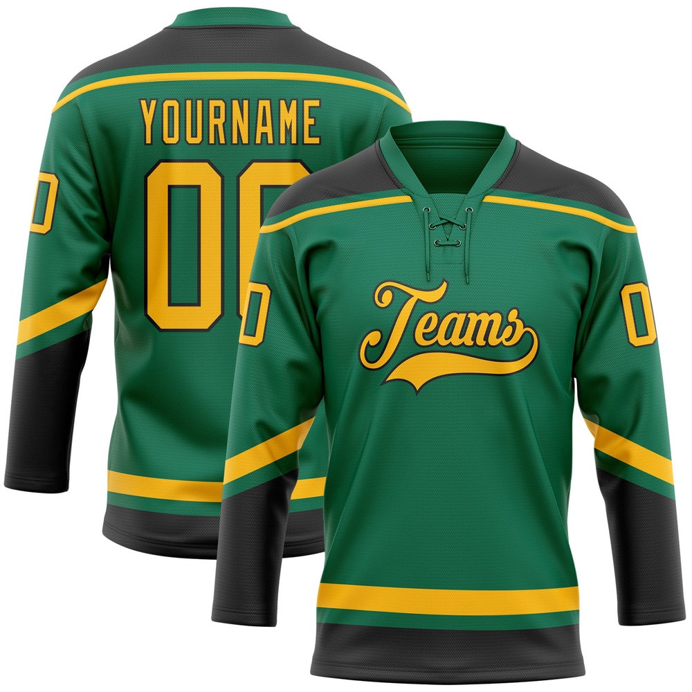 Custom Kelly Green Gold Black Hockey Lace Neck Jersey, New Hockey Jersey, Personali Sport Team Jersey Shirt Custom Kelly Green Gold Black Hockey Lace Neck Jersey, New Hockey Jersey, Personali Sport Team Jersey Shirt