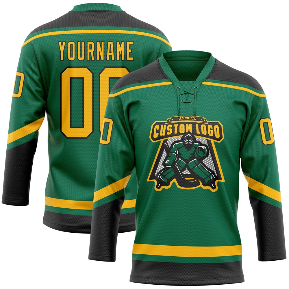 Custom Kelly Green Gold Black Hockey Lace Neck Jersey, New Hockey Jersey, Personali Sport Team Jersey Shirt Custom Kelly Green Gold Black Hockey Lace Neck Jersey, New Hockey Jersey, Personali Sport Team Jersey Shirt
