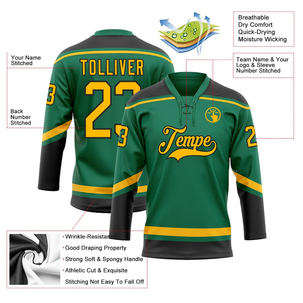 Custom Kelly Green Gold Black Hockey Lace Neck Jersey, New Hockey Jersey, Personali Sport Team Jersey Shirt Custom Kelly Green Gold Black Hockey Lace Neck Jersey, New Hockey Jersey, Personali Sport Team Jersey Shirt