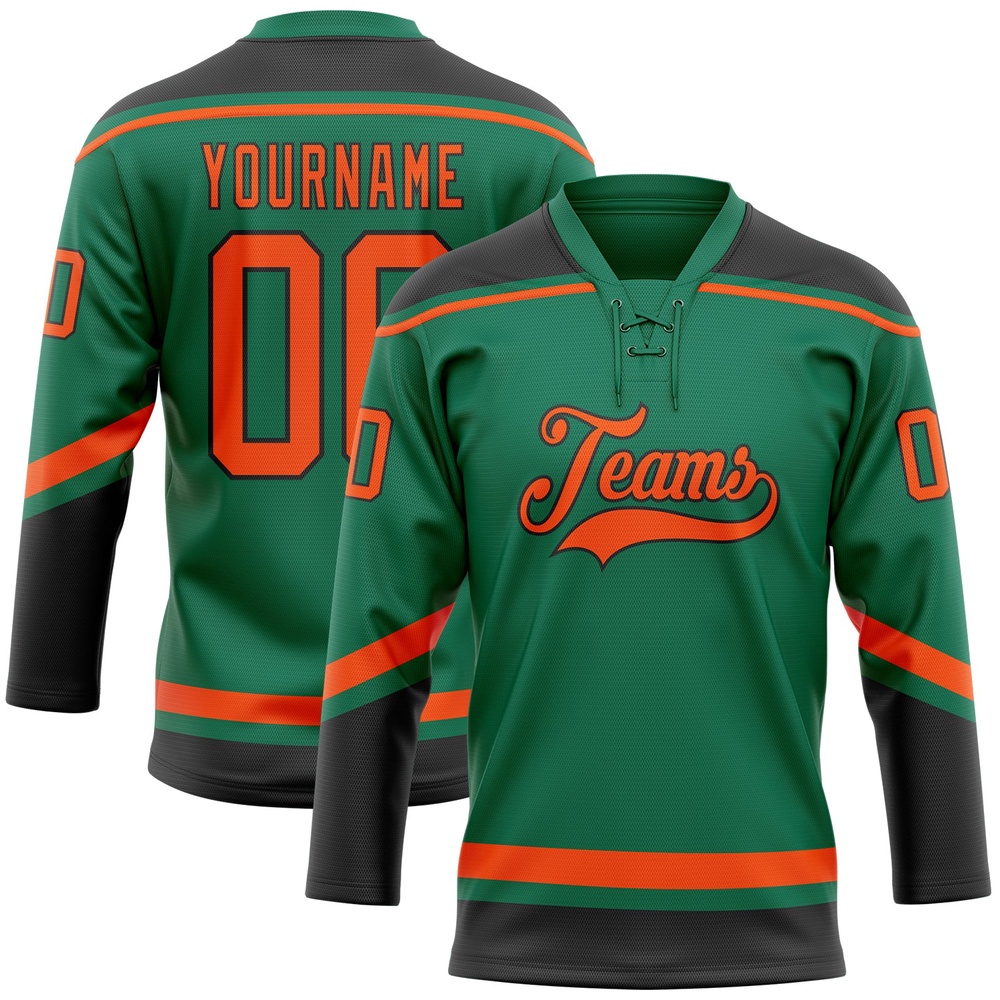 Custom Kelly Green Orange Black Hockey Lace Neck Jersey, New Hockey Jersey, Personali Sport Team Jersey Shirt Custom Kelly Green Orange Black Hockey Lace Neck Jersey, New Hockey Jersey, Personali Sport Team Jersey Shirt