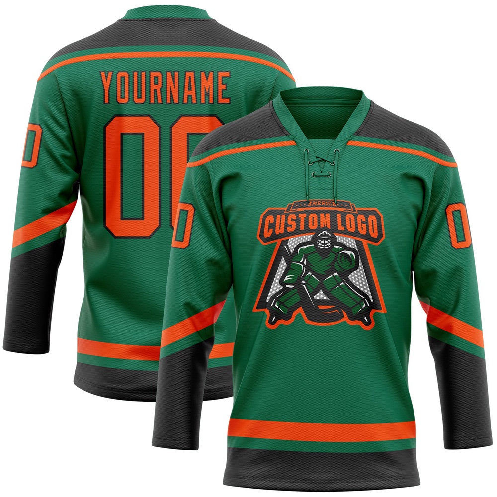 Custom Kelly Green Orange Black Hockey Lace Neck Jersey, New Hockey Jersey, Personali Sport Team Jersey Shirt Custom Kelly Green Orange Black Hockey Lace Neck Jersey, New Hockey Jersey, Personali Sport Team Jersey Shirt