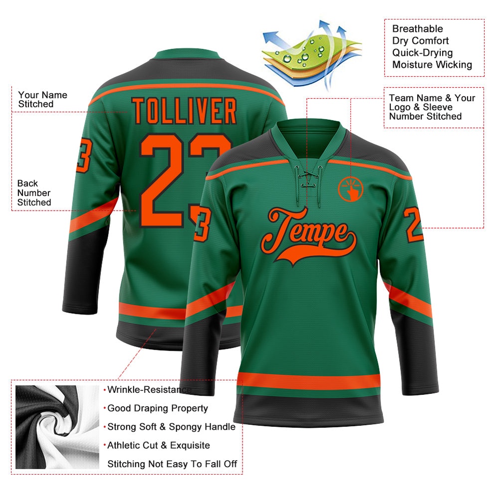 Custom Kelly Green Orange Black Hockey Lace Neck Jersey, New Hockey Jersey, Personali Sport Team Jersey Shirt Custom Kelly Green Orange Black Hockey Lace Neck Jersey, New Hockey Jersey, Personali Sport Team Jersey Shirt
