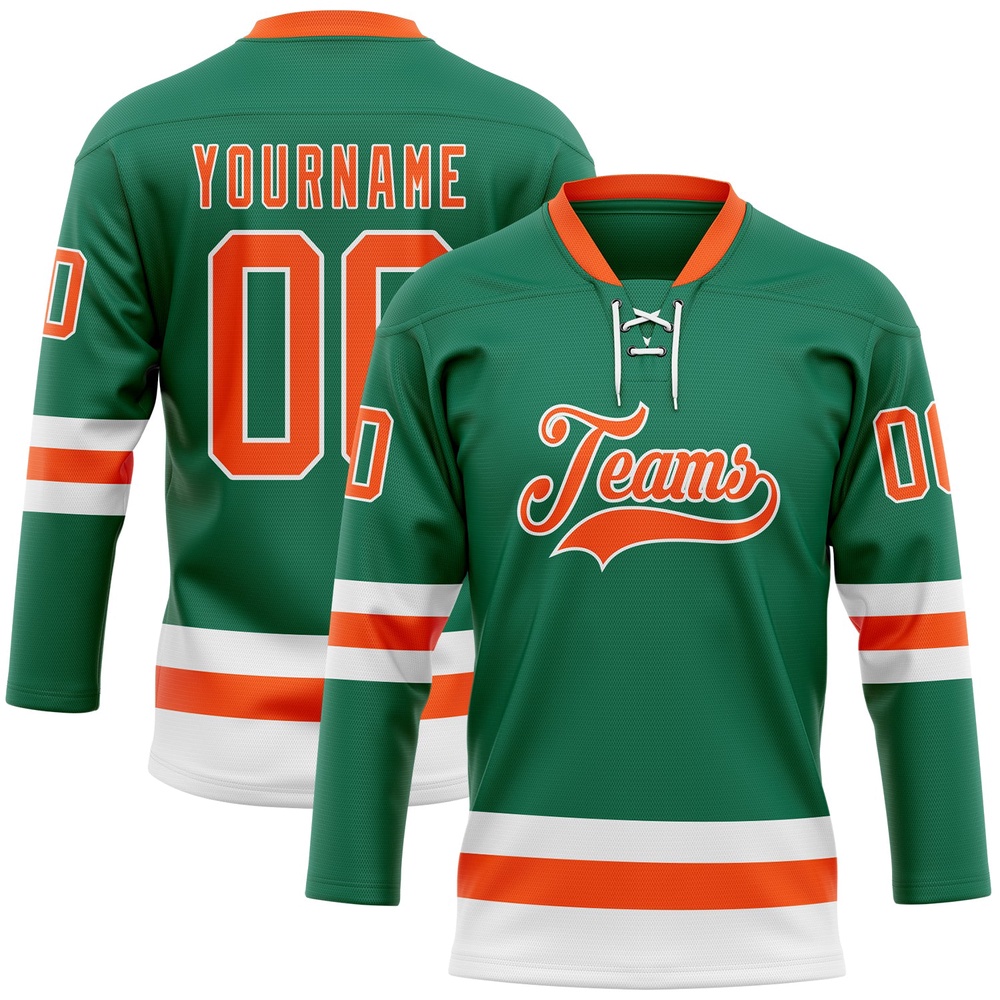 Custom Kelly Green Orange White Hockey Lace Neck Jersey, New Hockey Jersey, Personali Sport Team Jersey Shirt Custom Kelly Green Orange White Hockey Lace Neck Jersey, New Hockey Jersey, Personali Sport Team Jersey Shirt