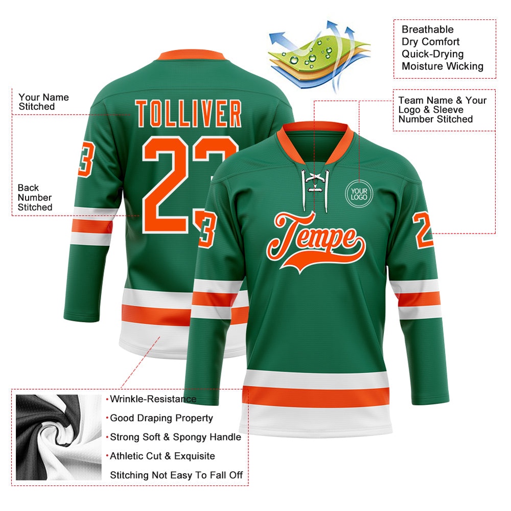 Custom Kelly Green Orange White Hockey Lace Neck Jersey, New Hockey Jersey, Personali Sport Team Jersey Shirt Custom Kelly Green Orange White Hockey Lace Neck Jersey, New Hockey Jersey, Personali Sport Team Jersey Shirt