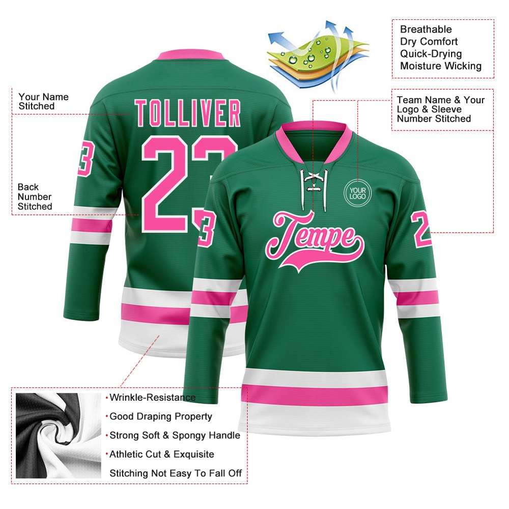 Custom Kelly Green Pink White Hockey Lace Neck Jersey, New Hockey Jersey, Personali Sport Team Jersey Shirt Custom Kelly Green Pink White Hockey Lace Neck Jersey, New Hockey Jersey, Personali Sport Team Jersey Shirt