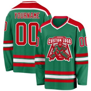 Custom Kelly Green Red White Hockey Jersey,…