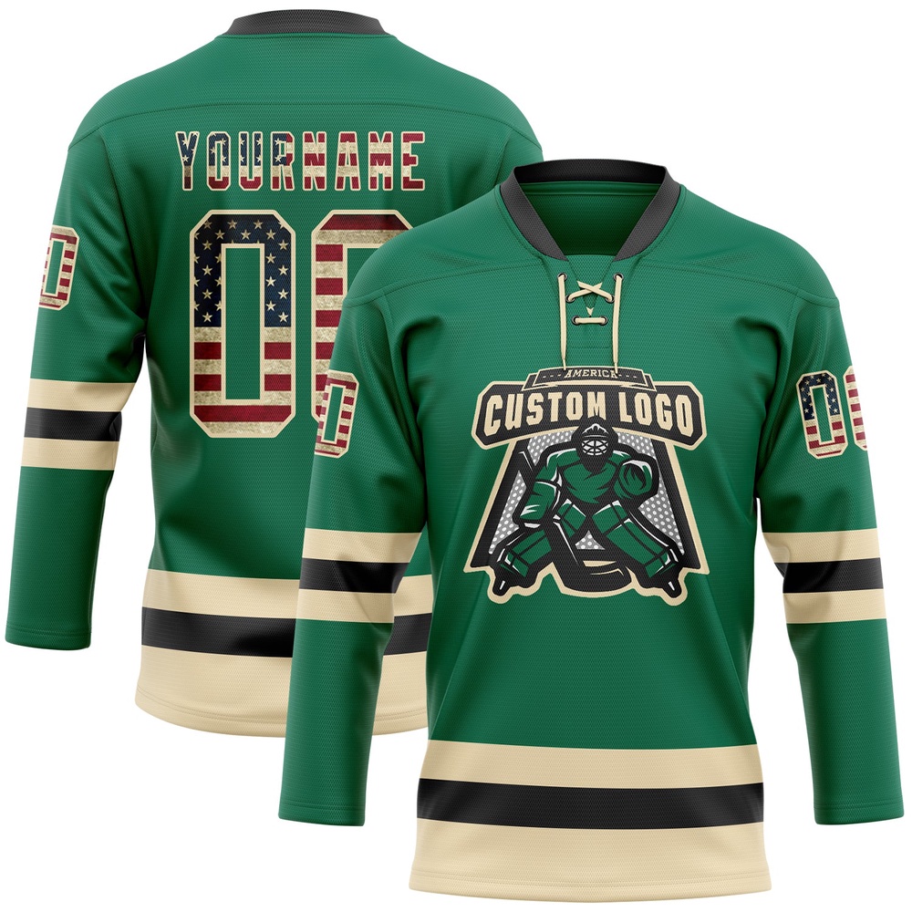 Custom Kelly Green Vintage USA Flag Cream Black Hockey Lace Neck Jersey, New Hockey Jersey, Personali Sport Team Jersey Shirt Custom Kelly Green Vintage USA Flag Cream Black Hockey Lace Neck Jersey, New Hockey Jersey, Personali Sport Team Jersey Shirt