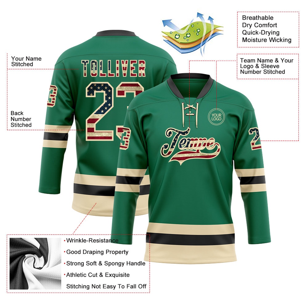 Custom Kelly Green Vintage USA Flag Cream Black Hockey Lace Neck Jersey, New Hockey Jersey, Personali Sport Team Jersey Shirt Custom Kelly Green Vintage USA Flag Cream Black Hockey Lace Neck Jersey, New Hockey Jersey, Personali Sport Team Jersey Shirt