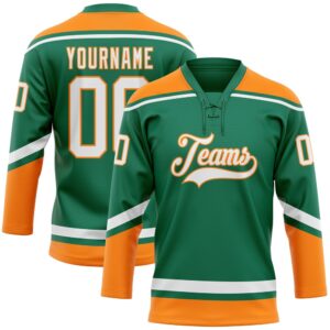 Custom Kelly Green White Bay Orange Hockey…