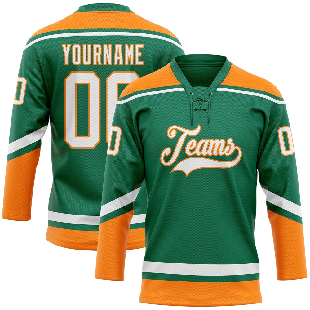 Custom Kelly Green White Bay Orange Hockey Lace Neck Jersey, New Hockey Jersey, Personali Sport Team Jersey Shirt Custom Kelly Green White Bay Orange Hockey Lace Neck Jersey, New Hockey Jersey, Personali Sport Team Jersey Shirt