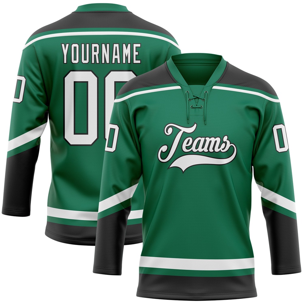 Custom Kelly Green White Black Hockey Lace Neck Jersey, New Hockey Jersey, Personali Sport Team Jersey Shirt Custom Kelly Green White Black Hockey Lace Neck Jersey, New Hockey Jersey, Personali Sport Team Jersey Shirt
