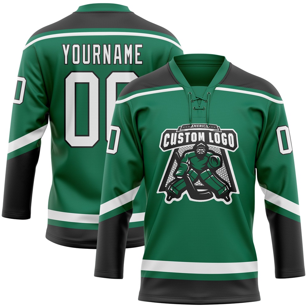 Custom Kelly Green White Black Hockey Lace Neck Jersey, New Hockey Jersey, Personali Sport Team Jersey Shirt Custom Kelly Green White Black Hockey Lace Neck Jersey, New Hockey Jersey, Personali Sport Team Jersey Shirt