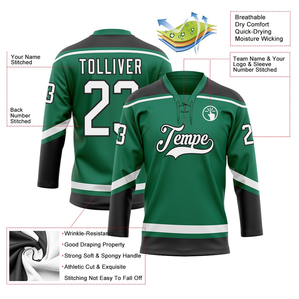 Custom Kelly Green White Black Hockey Lace Neck Jersey, New Hockey Jersey, Personali Sport Team Jersey Shirt Custom Kelly Green White Black Hockey Lace Neck Jersey, New Hockey Jersey, Personali Sport Team Jersey Shirt