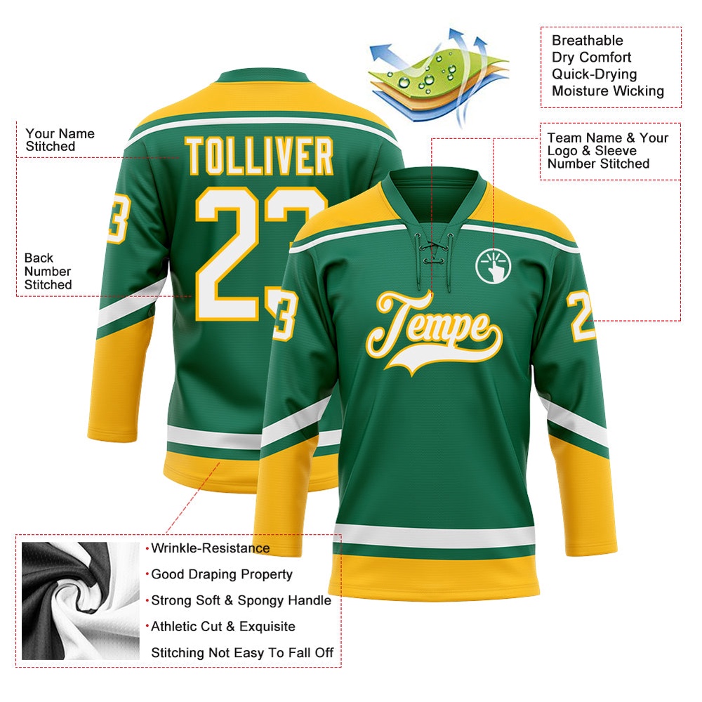 Custom Kelly Green White Gold Hockey Lace Neck Jersey, New Hockey Jersey, Personali Sport Team Jersey Shirt Custom Kelly Green White Gold Hockey Lace Neck Jersey, New Hockey Jersey, Personali Sport Team Jersey Shirt