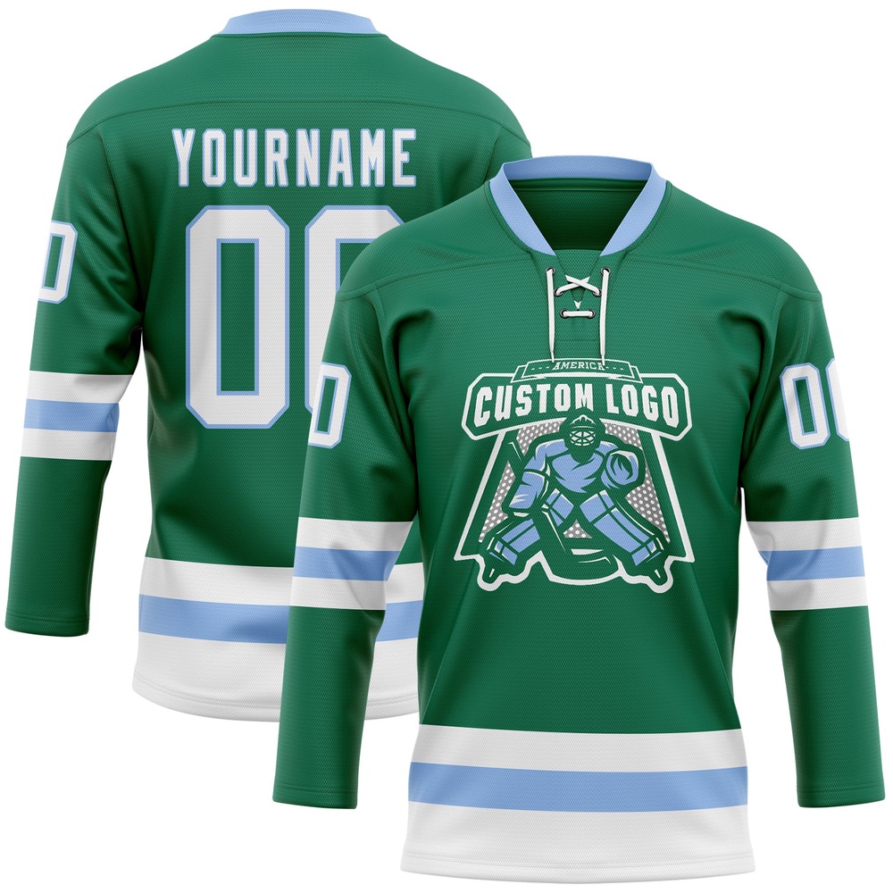 Custom Kelly Green White Light Blue Hockey Lace Neck Jersey, New Hockey Jersey, Personali Sport Team Jersey Shirt Custom Kelly Green White Light Blue Hockey Lace Neck Jersey, New Hockey Jersey, Personali Sport Team Jersey Shirt