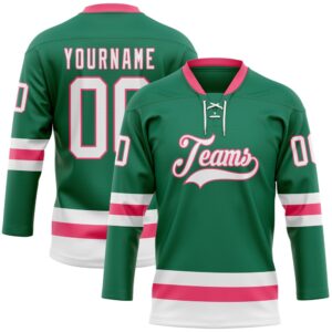 Custom Kelly Green White Neon Pink Hockey…