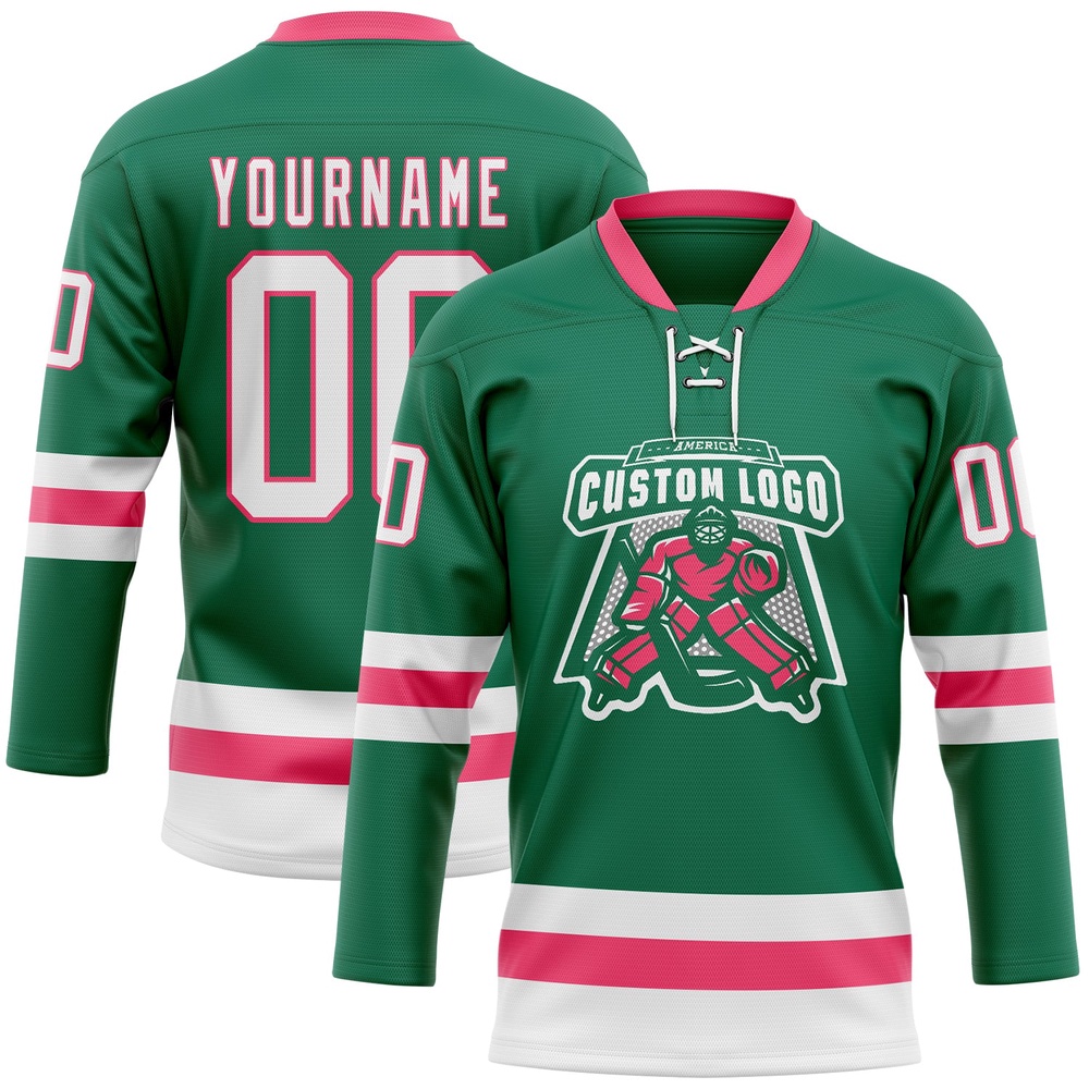 Custom Kelly Green White Neon Pink Hockey Lace Neck Jersey, New Hockey Jersey, Personali Sport Team Jersey Shirt Custom Kelly Green White Neon Pink Hockey Lace Neck Jersey, New Hockey Jersey, Personali Sport Team Jersey Shirt