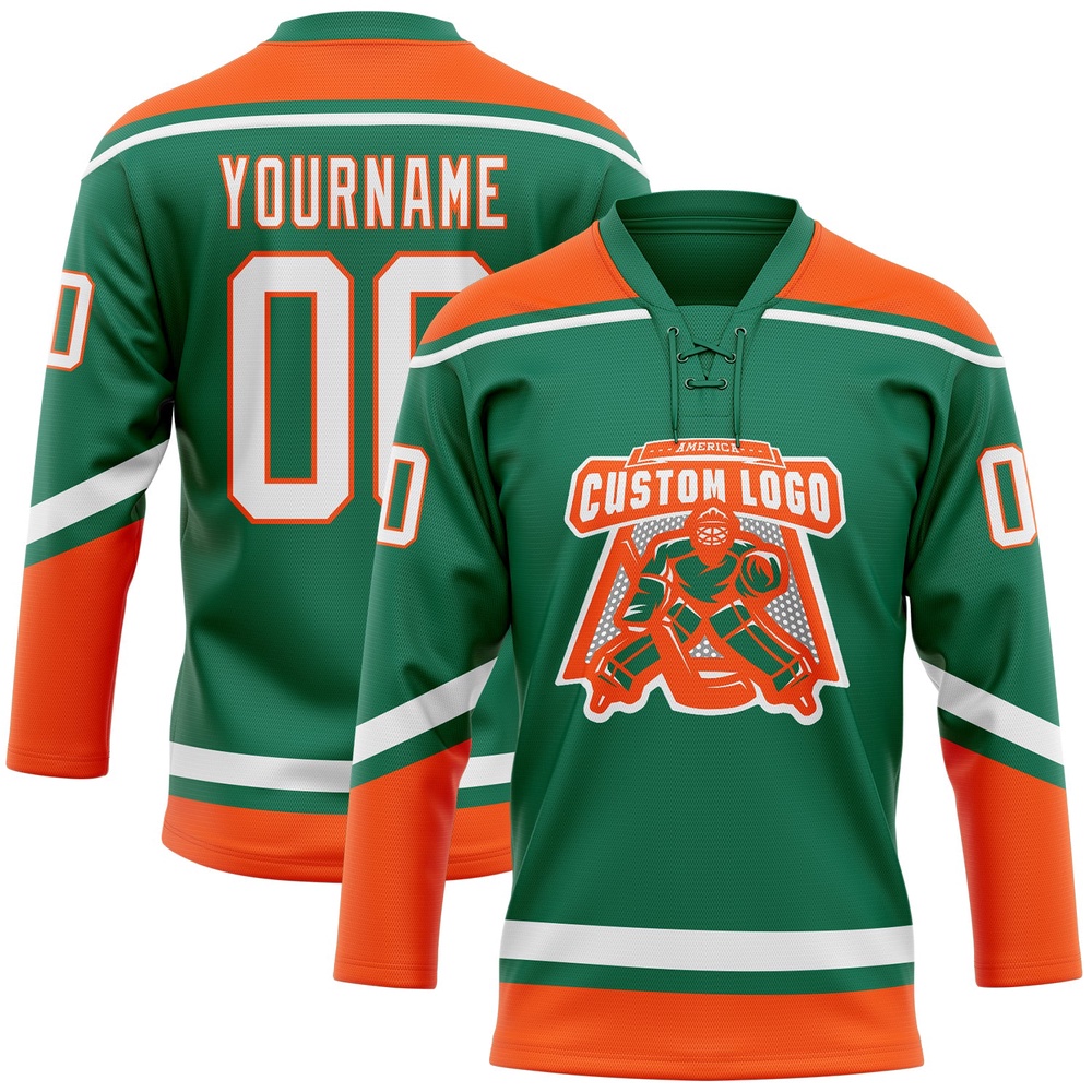 Custom Kelly Green White Orange Hockey Lace Neck Jersey, New Hockey Jersey, Personali Sport Team Jersey Shirt Custom Kelly Green White Orange Hockey Lace Neck Jersey, New Hockey Jersey, Personali Sport Team Jersey Shirt