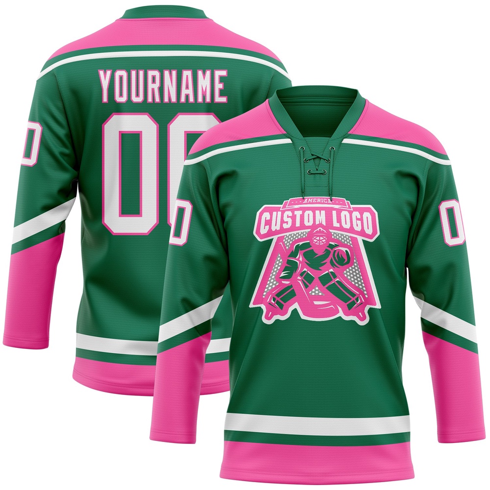Custom Kelly Green White Pink Hockey Lace Neck Jersey, New Hockey Jersey, Personali Sport Team Jersey Shirt Custom Kelly Green White Pink Hockey Lace Neck Jersey, New Hockey Jersey, Personali Sport Team Jersey Shirt