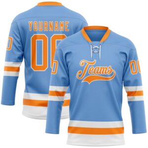 Custom Light Blue Bay Orange White Hockey…