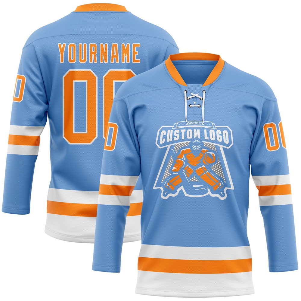 Custom Light Blue Bay Orange White Hockey Lace Neck Jersey, New Hockey Jersey, Personali Sport Team Jersey Shirt Custom Light Blue Bay Orange White Hockey Lace Neck Jersey, New Hockey Jersey, Personali Sport Team Jersey Shirt