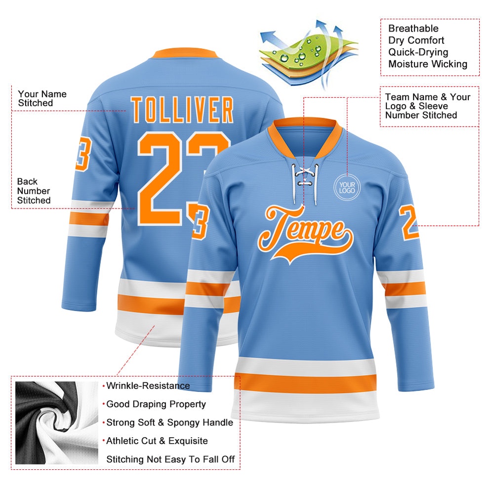 Custom Light Blue Bay Orange White Hockey Lace Neck Jersey, New Hockey Jersey, Personali Sport Team Jersey Shirt Custom Light Blue Bay Orange White Hockey Lace Neck Jersey, New Hockey Jersey, Personali Sport Team Jersey Shirt