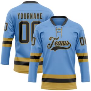 Custom Light Blue Black Old Gold Hockey…