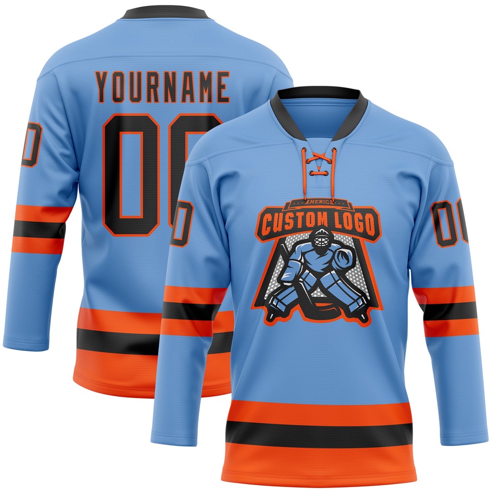 Custom Light Blue Black Orange Hockey Lace Neck Jersey, New Hockey Jersey, Personali Sport Team Jersey Shirt Custom Light Blue Black Orange Hockey Lace Neck Jersey, New Hockey Jersey, Personali Sport Team Jersey Shirt