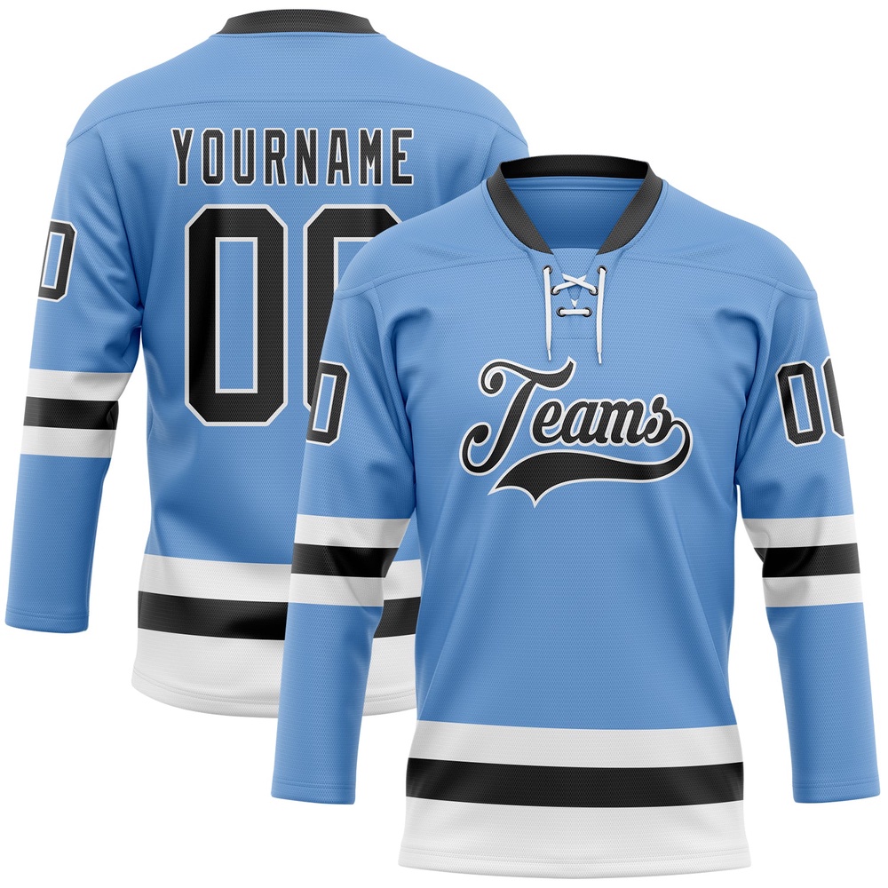 Custom Light Blue Black White Hockey Lace Neck Jersey, New Hockey Jersey, Personali Sport Team Jersey Shirt Custom Light Blue Black White Hockey Lace Neck Jersey, New Hockey Jersey, Personali Sport Team Jersey Shirt