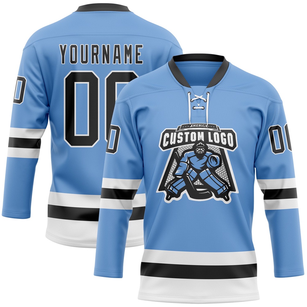 Custom Light Blue Black White Hockey Lace Neck Jersey, New Hockey Jersey, Personali Sport Team Jersey Shirt Custom Light Blue Black White Hockey Lace Neck Jersey, New Hockey Jersey, Personali Sport Team Jersey Shirt