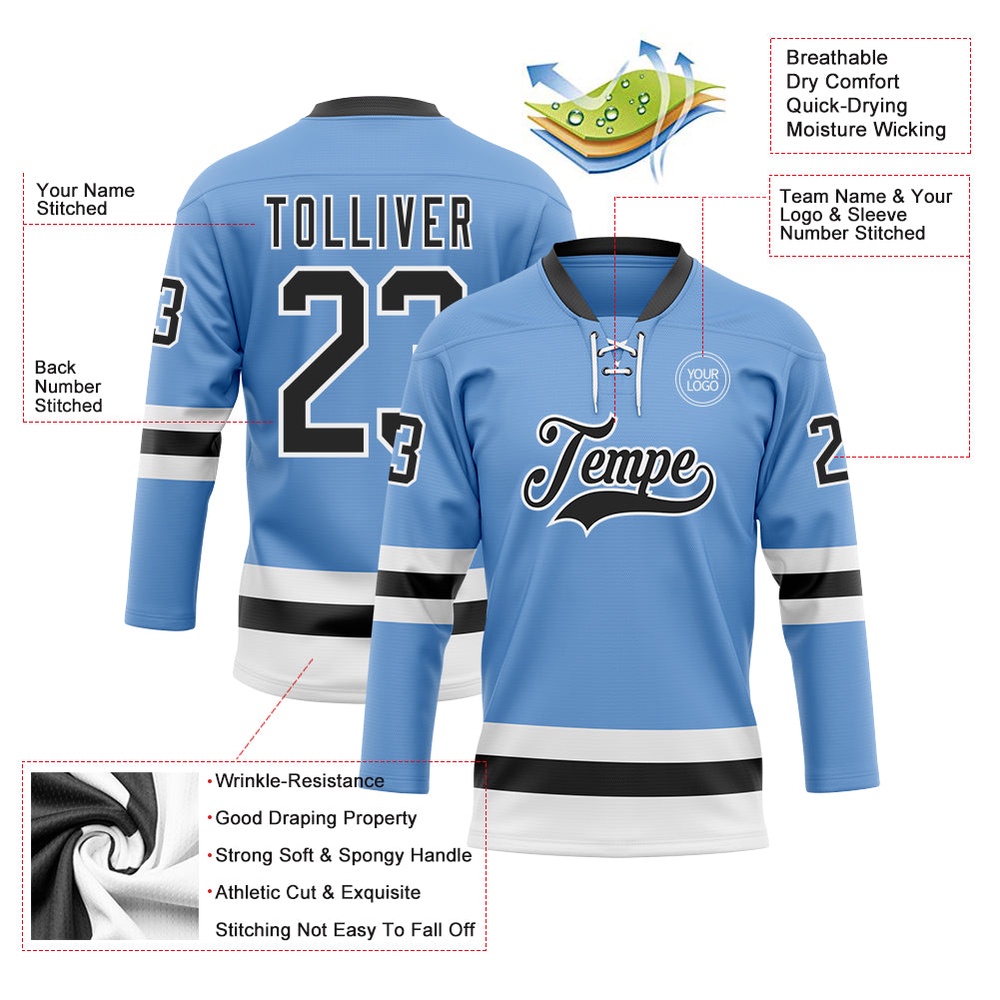 Custom Light Blue Black White Hockey Lace Neck Jersey, New Hockey Jersey, Personali Sport Team Jersey Shirt Custom Light Blue Black White Hockey Lace Neck Jersey, New Hockey Jersey, Personali Sport Team Jersey Shirt