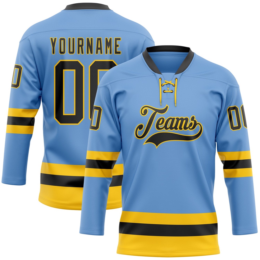 Custom Light Blue Black Yellow Hockey Lace Neck Jersey, New Hockey Jersey, Personali Sport Team Jersey Shirt Custom Light Blue Black Yellow Hockey Lace Neck Jersey, New Hockey Jersey, Personali Sport Team Jersey Shirt